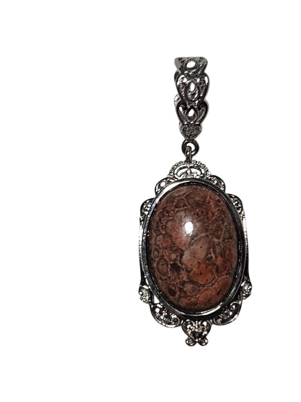 Vintage Silver Tone Jasper Pendant Ornate Design Victorian Gothic Fashion Women